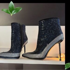 Size 9, Azalea Wang Black and Silver Heeled Boots with Stiletto Heel